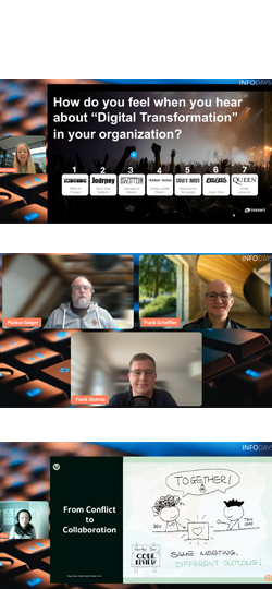 Drei Beispielbilder der Konferenz. Im ersten und dritten Bild hält eine weibliche Person einen Vortrag und stellt eine Frage, im zweiten Bild reden drei männliche Personen zusammen über eine Videokonferenz.